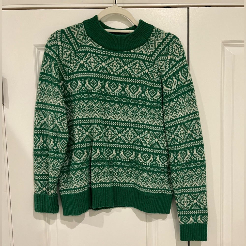 J. Crew Green and White Patterned Sweater